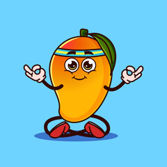 Cute Mango fruit character Meditation. Fruit character icon concept isolated. Emoji Sticker. flat cartoon style Vector