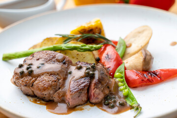 Wagyu beef steak with spicy Pepper sauce. premium Japanese Wagyu beef.