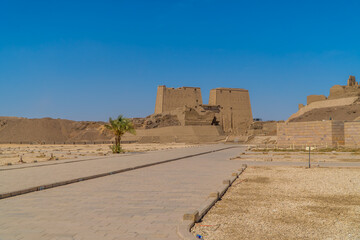 Panoramic view of the entrance to the Temple of Edfu (Horus Temple) in Edfu, Egypt