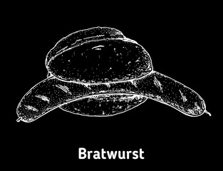 German bratwurst hand drawn vector illustration. Vintage design element. German Food sketch illustration. - obrazy, fototapety, plakaty