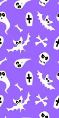 Happy Halloween-seamless pattern with set of characters-bats, ghosts, skulls and bones. Textured background for greeting card, invitation, party poster, banner