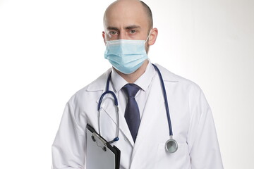 Portrait of professional man in mask with stethoscope, isolated on white background