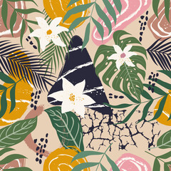 Seamless pattern of abstract botanical floral tropical flowers and leaves vector illustration