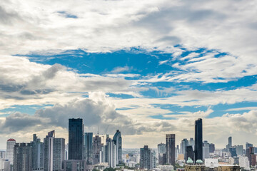 A partly cloudy sky over the Thong Lo district in downtown Bangkok, Thailand