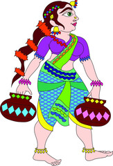 Carrying water for the marriage ceremony, drawn in Indian folk art, Kalamkari style. for textile printing, logo, wallpaper  