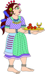 Carrying water for the marriage ceremony, drawn in Indian folk art, Kalamkari style. for textile printing, logo, wallpaper  