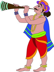 Music players in the marriage ceremony, drawn in Indian folk art, Kalamkari style. for textile printing, logo, wallpaper