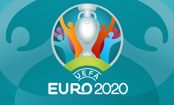 Vinnytsia, Ukraine - June 16, 2021 UEFA EURO 2020 Official Logo Printed On Blue Background With Silhouettes