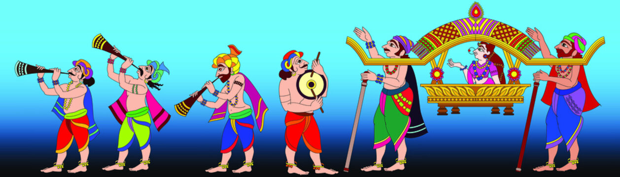 The bride is taken for the marriage ceremony, in 'Doli' or carrier. drawn in Indian folk art, Kalamkari style. for textile printing, logo, wallpaper  