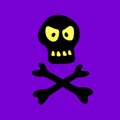 Skull with glowing eyes and crossbones n doodle flat style. Vector black silhouette isolated on dark purple background. Theme of Halloween, death or pirates