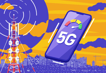 Mobile Smartphone and 5G Communication Tower.