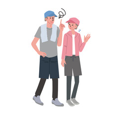 ウォーキングをするシニアの男女　困った表情