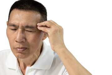 Obraz premium Stressed asian middle aged man has a bad headache,chronic headache from stress,an attack of migraine,painful in his temple or symptoms of stroke,high blood pressure,cerebral thrombosis disease concept