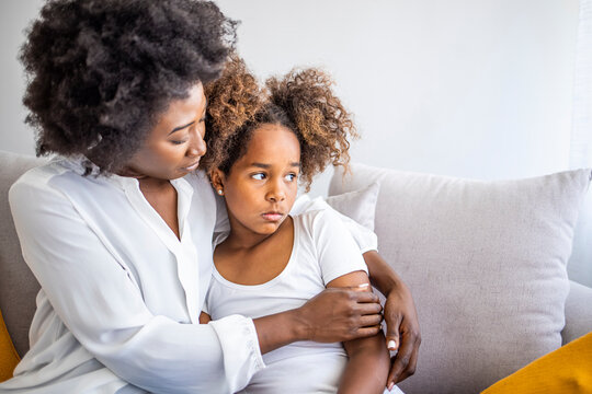 Loving Mother Consoling Or Trying Make Peace With Insulted Upset Stubborn Kid Daughter Avoiding Talk, Sad Sulky Resentful Girl Pouting Ignoring Caring Mom Embracing Showing Support To Offended Child