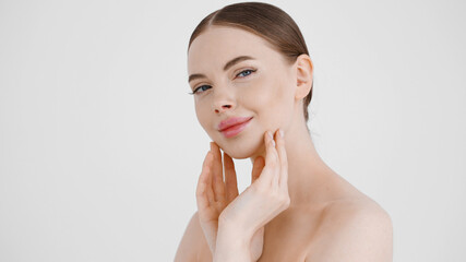 Beautiful woman close up healthy skin face happy smile natural clean fresh make up female cosmetic concept portrait