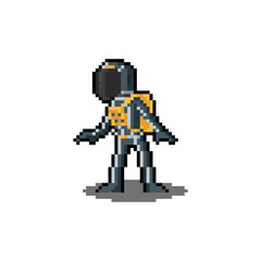 Pixel art cartoon future astronaut character.