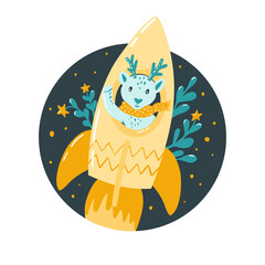 A fawn in a rocket is flying in space. Childrens illustration in the Scandinavian style. Sticker, children room, bedroom decor.Vector