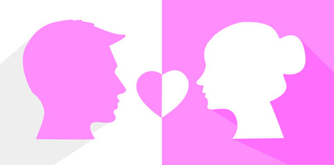 silhouette of a man and a woman looking at each other in the background. 