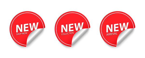 New arrival, new collection label templates. Special offer commercial circle badges set for promotion and advertising. Vector illustration.