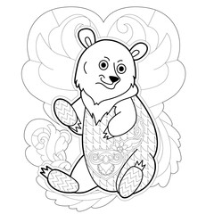 Obraz premium Contour linear illustration with animal for coloring book. Cute bear, anti stress picture. Line art design for adult or kids in zentangle style and coloring page.