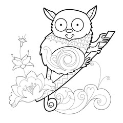 Contour linear illustration with animal for coloring book. Cute tarsier, anti stress picture. Line art design for adult or kids  in zentangle style and coloring page.