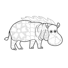 Contour linear illustration with animal for coloring book. Cute hippo, anti stress picture. Line art design for adult or kids  in zentangle style and coloring page.