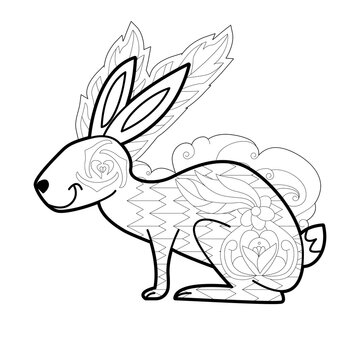 Contour linear illustration with animal for coloring book. Cute hare, anti stress picture. Line art design for adult or kids  in zentangle style and coloring page.