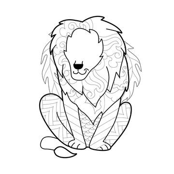 Contour linear illustration with animal for coloring book. Cute lion, anti stress picture. Line art design for adult or kids  in zentangle style and coloring page.