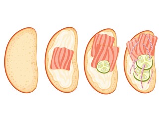 Sandwich with butter and red fish. Slices of salmon and cucumber. Bruschetta. Healthy food recipe. Vegetarianism. Simple drawing in cartoon style. Vector illustration.