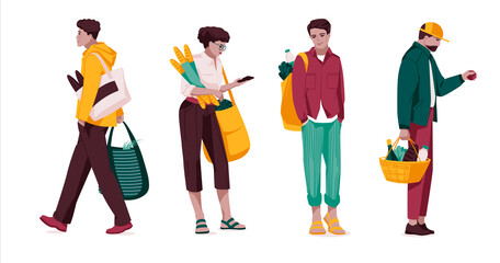 Shopping - flat design style set of isolated characters on white background. Cartoon women and men standing and walking with their packages, baskets and bags full of products