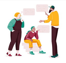 Set of multiethnic people talking or speaking. Collection of chatting couples with speech bubbles. Men and women meeting. Dialogues between characters. Flat vector illustration isolated on white