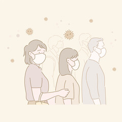 People are standing on the street wearing masks. hand drawn style vector design illustrations. 