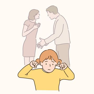 recommend clip art: The father is arguing with the mother and the child is covering his ears with a sad expression. hand drawn style vector design illustrations. 