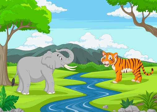 Cartoon elephant and tiger in the jungle