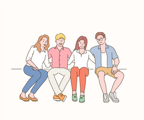 Four friends are sitting friendly. hand drawn style vector design illustrations. 