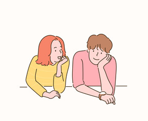Two friends are sitting with their chins crossed. hand drawn style vector design illustrations. 