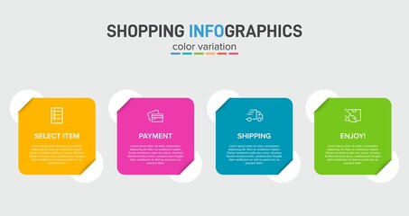 Concept of shopping process with 4 successive steps. Four colorful graphic elements. Timeline design for brochure, presentation, web site. Infographic design layout.