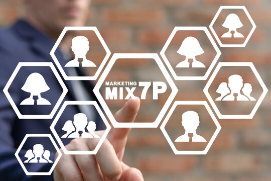 Business concept of marketing mix 7P strategy. 7ps model: product, price, place, promotion, people, process, physical environment.
