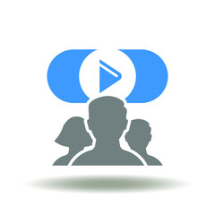 People group with play button vector illustration. Live webinar icon. Online video streaming symbol. Cinema, movie house logo.