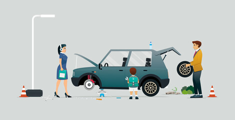 Parents and children helping to fix a car against a gray background.