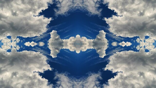 4k time lapse video of daramatic sky with moving clouds and reflection mirror effect as in a kaleidoscope. Beautiful fractal pattern of dramatic sky with changing weather.