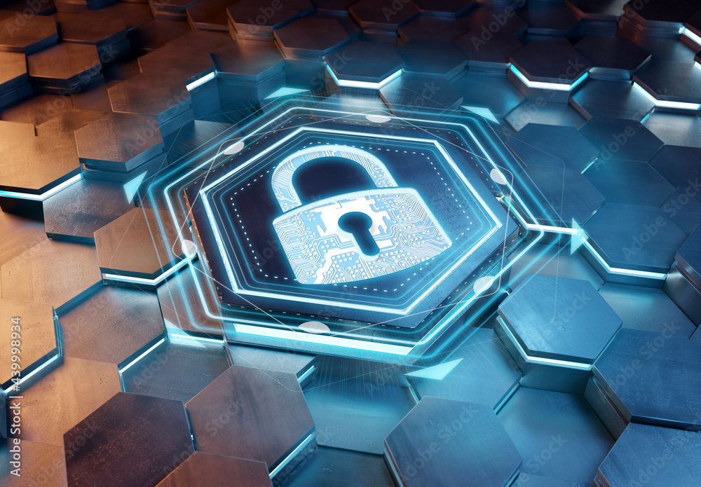 Poster Web security icon concept engraved on metal hexagonal pedestral background. Padlock Logo glowing on abstract digital surface. 3d rendering