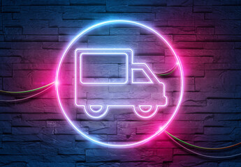 Delivery service neon icon illuminating a brick wall with blue and pink glowing light 3D rendering