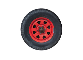Car wheel on a red steel disc isolated on white