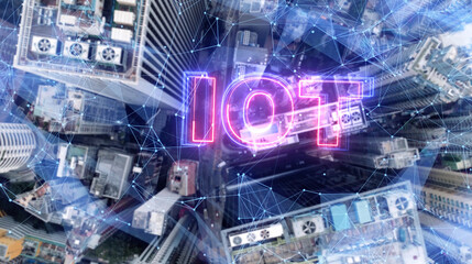 AERIAL. 5G network digital hologram on city background.5G network wireless systems.