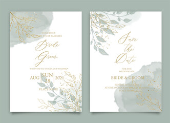 Wedding invitation card with elegant greenery watercolor leaves style collection design, watercolor texture background, brochure, invitation template