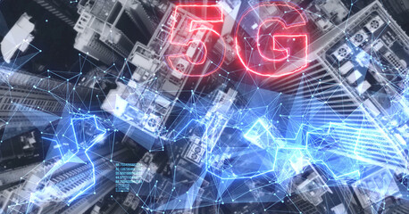 AERIAL. 5G network digital hologram on city background.5G network wireless systems.