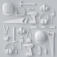 Top view of monochrome construction tools for repair and installation on white - obrazy, fototapety, plakaty