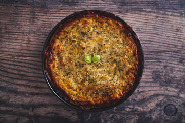 vegan lentil cottage pie with mash potato topping, healthy plant-based food