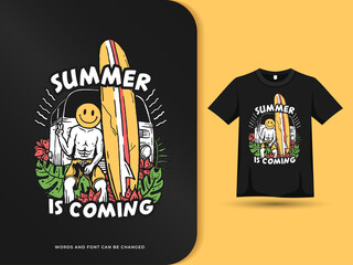 Beautiful summer vacation with van and surfboard design illlustration with t-shirt template. Vector graphic design
